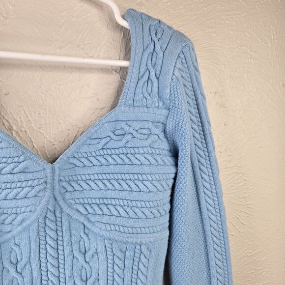 Marciano Guess Cable Knit Sweater Top L Baby Blue Sweetheart Neck Long Sleeve - Picture 6 of 13